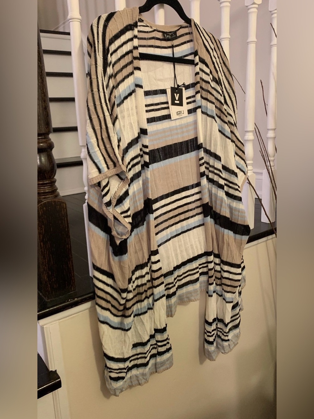 Very J Striped Open-Front Cardigan in Cream, Tan, Black & Light Blue